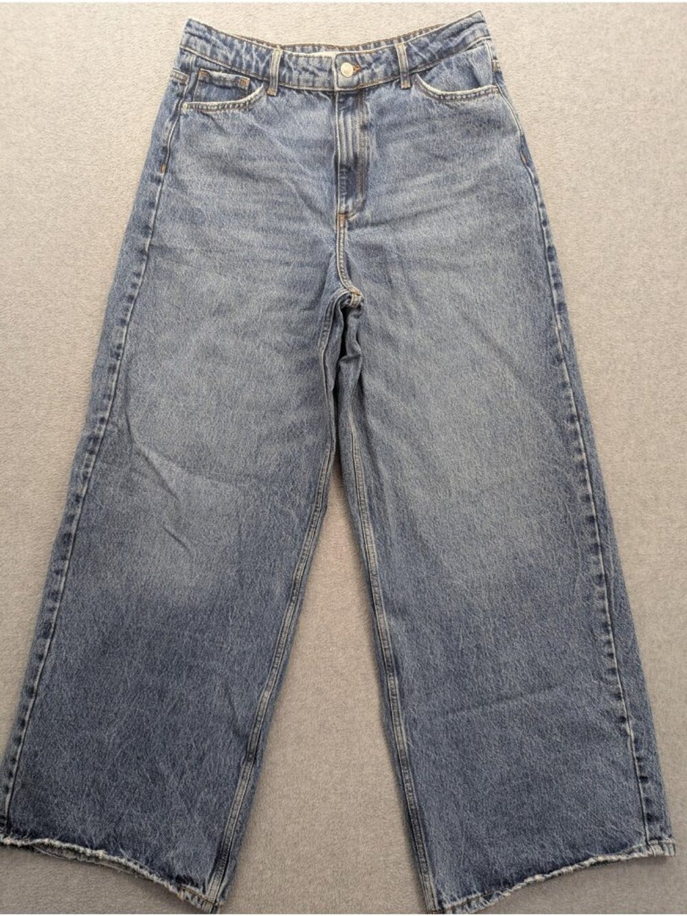 Zara Wide Leg Jeans Womens 10 Blue Medium Wash High Rise Relaxed Distressed